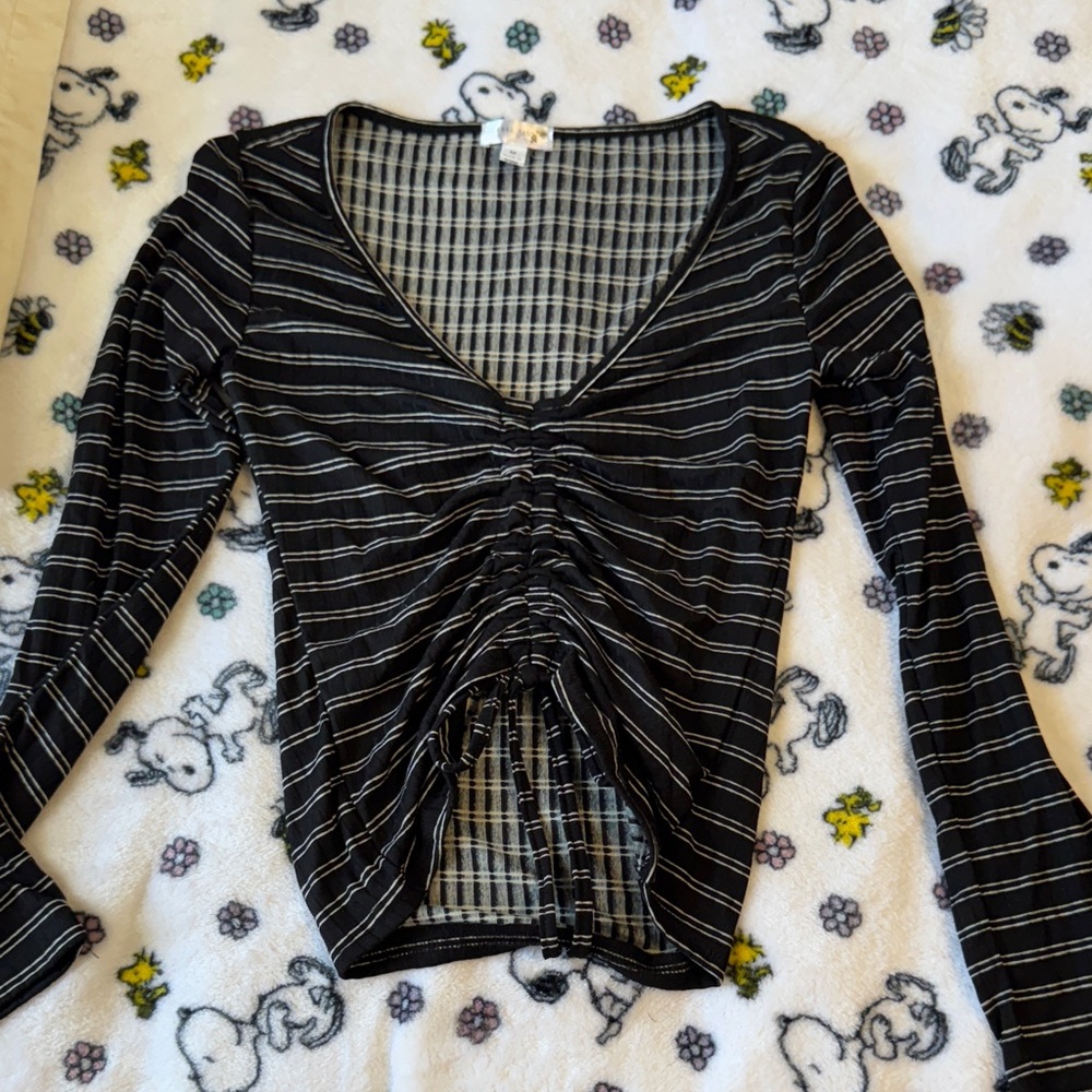 Elegant Black and White Striped V-Neck Blouse